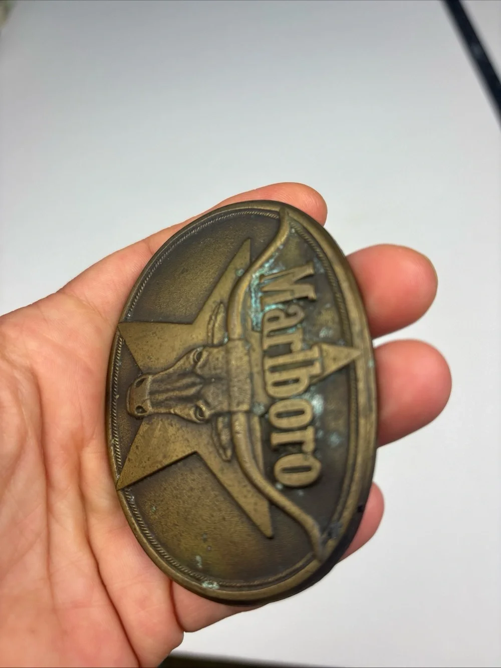 Vintage Marlboro Belt Buckle Solid Brass Philip Morris 1987 Star Cow Steer Bull